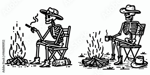 Skeleton as Cowboy Sitting by a campfire. Western Outline Clipart ink line art doodle vector illustration. Skeletal rancher at blaze resting spectral figure near camp glow.