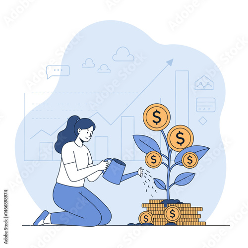 Woman Kneeling Watering Money Plant, Financial Investment Growth