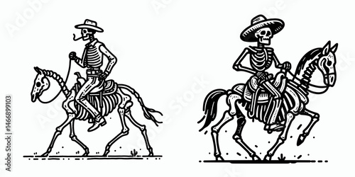 Skeleton as Cowboy Saddling up. Western Outline Clipart ink line art doodle vector illustration. Bony rancher mounting steed a genre trope halloween phantom rider.