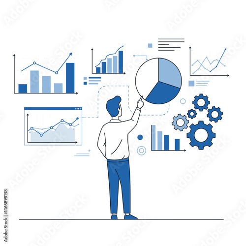 Man analyzing data on virtual interface with charts gears