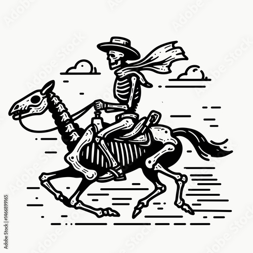 Skeleton as Cowboy Riding into town. Western Outline Clipart ink line art doodle vector illustration. Boney desperado atop steed entering hamlet fantasy theme.