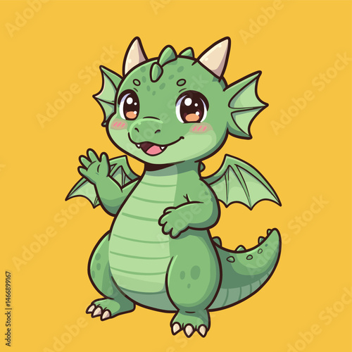 Cute green baby dragon waving friendly cartoon character icon