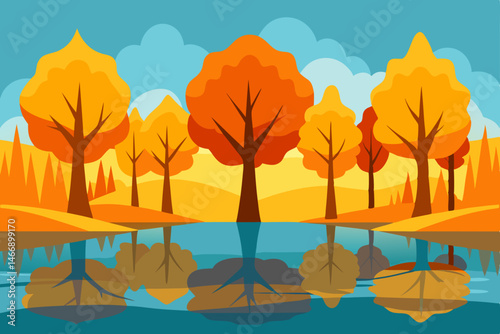 golden autumn trees reflecting in a glassy forest 