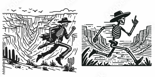 Skeleton as Cowboy Running through canyon. Western Outline Clipart ink line art doodle vector illustration. Boney gunslinger sprints toward horizon within rocky gorge scenery artwork.