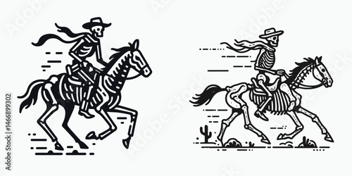 Skeleton as Cowboy Riding a horse. Western Outline Clipart ink line art doodle vector illustration. Bony figure upon equine mount spectral rider illustration.