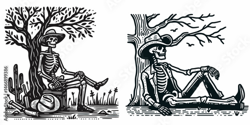 Skeleton as Cowboy Resting under tree. Western Outline Clipart ink line art doodle vector illustration. Bony rancher taking it easy below timber undead breather.