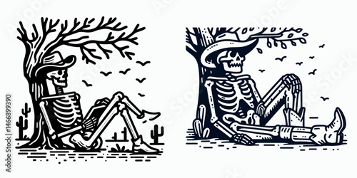 Skeleton as Cowboy Resting under tree. Western Outline Clipart ink line art doodle vector illustration. Skeletal rancher taking shade beneath timber arid region vista backdrop.
