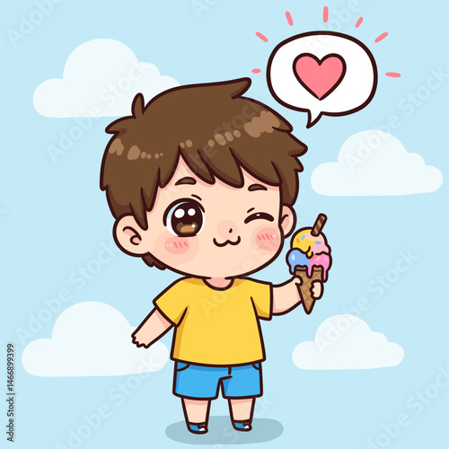 Cute winking boy holding a three-scoop ice cream cone with heart