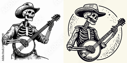 Skeleton as Cowboy Playing the banjo. Western Outline Clipart ink line art doodle vector illustration. Bony rancher strumming banjo spectral guitar player in desert scene.