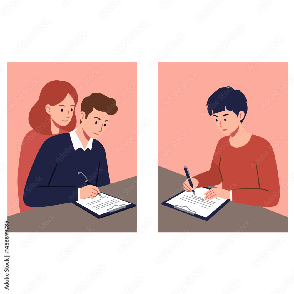 People signing documents on clipboards contract agreement set People signing documents on clipboards contract agreement set