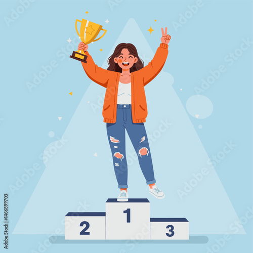 Happy Woman on Winners Podium with Trophy and Peace Sign, First Place
