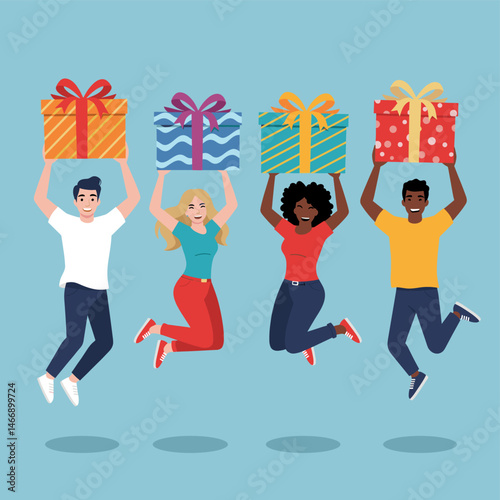 Diverse young people jumping with colorful gift boxes happy