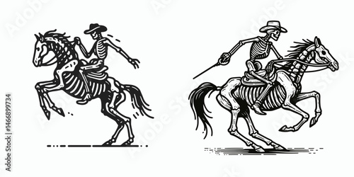 Skeleton as Cowboy Mounting a horse. Western Outline Clipart ink line art doodle vector illustration. Bony rider figure upon equine dead individual astride steed.