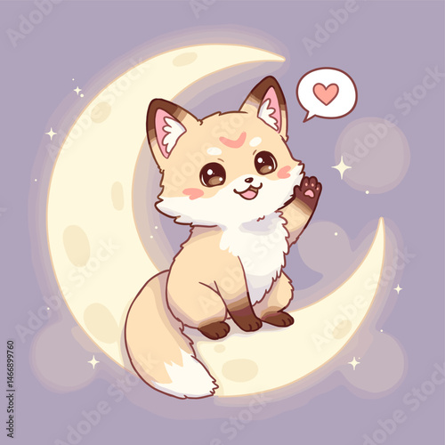 Cute fox on crescent moon waving with love heart stars