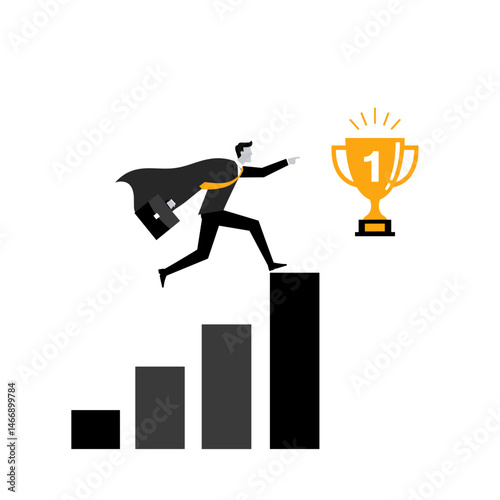 Superhero businessman runs up graph towards gold trophy goal