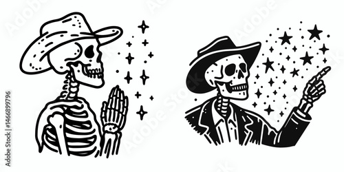 Skeleton as Cowboy Looking at stars. Western Outline Clipart ink line art doodle vector illustration. Bony gunslinger gazes toward astral bodies a celestial vista.