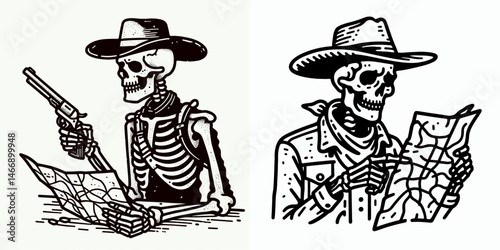 Skeleton as Cowboy Looking at map. Western Outline Clipart ink line art doodle vector illustration. Bony wrangler viewing chart route exploration journey theme spooky icon.