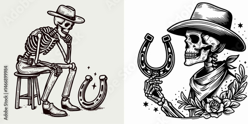 Skeleton as Cowboy Looking at horseshoe. Western Outline Clipart ink line art doodle vector illustration. Bony rancher staring lucky horseshoe undead figure with good fortune charm.