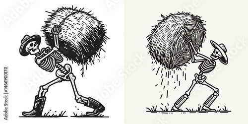 Skeleton as Cowboy Lifting hay bale. Western Outline Clipart ink line art doodle vector illustration. Bony rancher hoisting forage bundle a spectral figure at farm work.