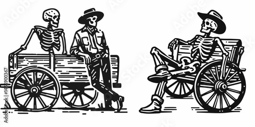 Skeleton as Cowboy Leaning against wagon. Western Outline Clipart ink line art doodle vector illustration. Bony figure resting by cart wild west artifact retro motif.