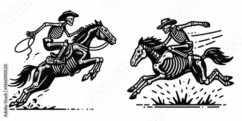Skeleton as Cowboy Jumping off horse. Western Outline Clipart ink line art doodle vector illustration. Bony rider leaps from steed undead figure in heroic equestrian action.