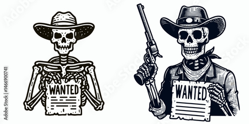 Skeleton as Cowboy Holding wanted poster. Western Outline Clipart ink line art doodle vector illustration. Bony gunslinger displaying outlaw notice theme illustration.