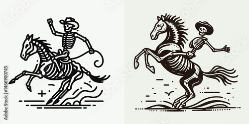 Skeleton as Cowboy Horse rearing. Western Outline Clipart ink line art doodle vector illustration. Bony rider astride equine mount lifting icon spectral figure spooky ranch wild.