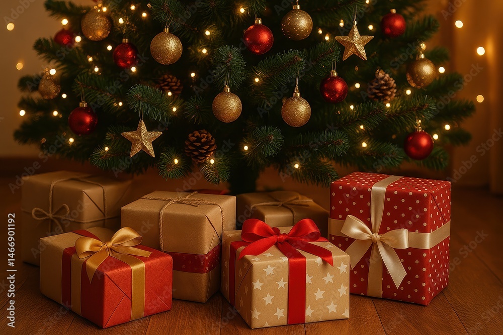 Beautifully wrapped gifts under a decorated Christmas tree Beautifully wrapped gifts under a decorated Christmas tree