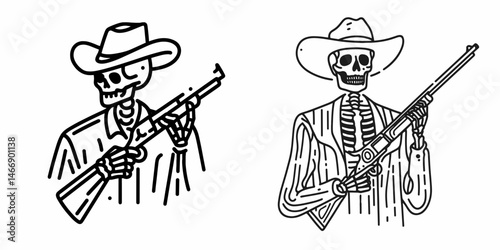Skeleton as Cowboy Holding a rifle. Western Outline Clipart ink line art doodle vector illustration. Bony gunslinger with firearm phantom in attire ranch motif.