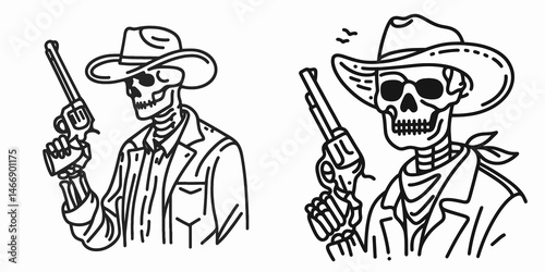 Skeleton as Cowboy Holding a revolver. Western Outline Clipart ink line art doodle vector illustration. Bony gunslinger undead rancher armed with pistol in the wild west concept.