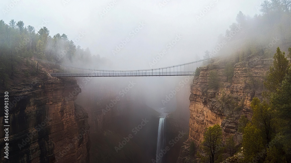 Obraz premium A suspension bridge blending engineering brilliance with natural beauty, spanning a deep canyon with waterfalls shrouded in ethereal mist.