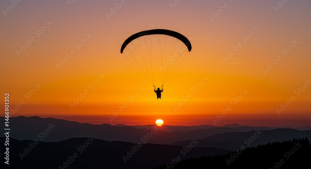 Paraglider Soaring at Sunset - Silhouette of a paraglider flying against a vibrant orange sunset over a mountain range. Peaceful and adventurous scene Paraglider Soaring at Sunset - Silhouette of a paraglider flying against a vibrant orange sunset over a mountain range. Peaceful and adventurous scene