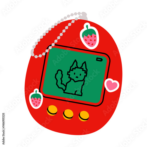 Retro digital toy with red oval case, green pixel screen, and yellow buttons. Display shows a pixelated cat character. Decorated with strawberry and heart stickers. Nostalgic 2000s handheld gadget.