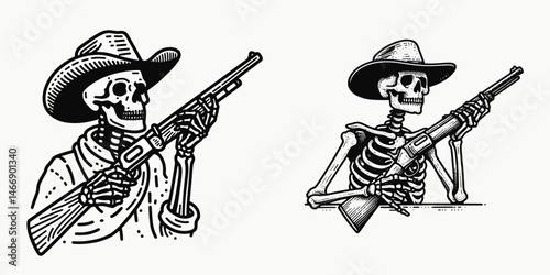 Skeleton as Cowboy Hands resting on rifle. Western Outline Clipart ink line art doodle vector illustration. Bony figure appendage upon firearm relaxed pose theme.