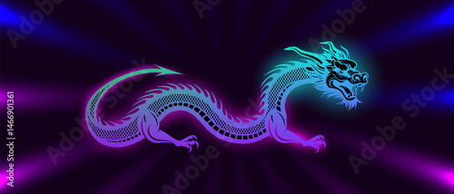 Vector ancient mythical fairy tale oriental glowing neon dragon. Mythological animal lizard. Dark radiant background. Chinese or Japanese wild luminous creature.