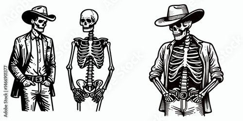 Skeleton as Cowboy Hands in pockets. Western Outline Clipart ink line art doodle vector illustration. Bony figure like rancher digits within garment attire motif.