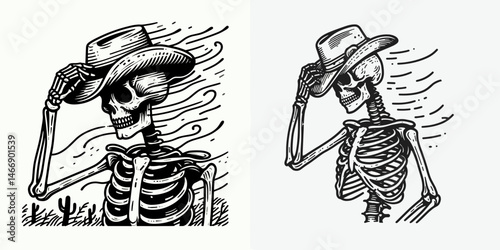 Skeleton as Cowboy Fixing hat in wind. Western Outline Clipart ink line art doodle vector illustration. Bony rancher adjusting headwear gust western bone guy blowing zephyr.