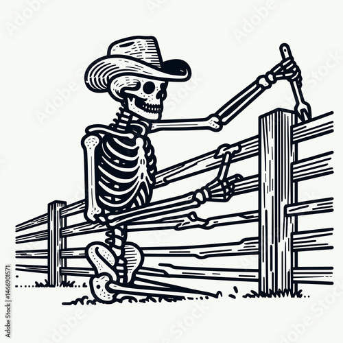 Skeleton as Cowboy Fixing fence. Western Outline Clipart ink line art doodle vector illustration. Bony rancher mending range barrier skeletal cowhand restoring countryside border.