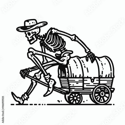 Skeleton as Cowboy Climbing onto wagon. Western Outline Clipart ink line art doodle vector illustration. Boney figure mounting cart eerie adventurer journey rustic conveyance.
