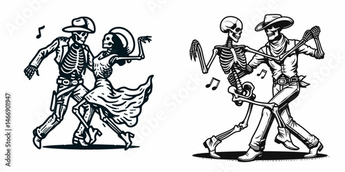 Skeleton as Cowboy Dancing with partner. Western Outline Clipart ink line art doodle vector illustration. Bony rancher doing jig comrade a spirited celebration.