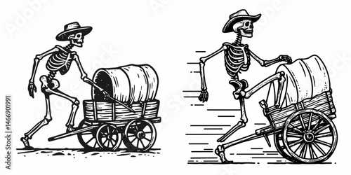 Skeleton as Cowboy Climbing onto wagon. Western Outline Clipart ink line art doodle vector illustration. Bony figure ascending carriage undead rising auto cart scene.