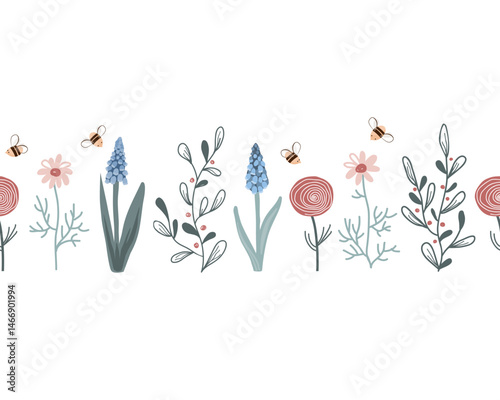 Cute frame border with spring flowers and bees. Vector isolated illustration