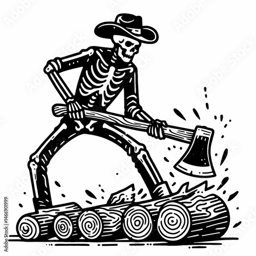 Skeleton as Cowboy Chopping wood. Western Outline Clipart ink line art doodle vector illustration. Bony rancher wielding axe severing timber a theme spectral lumberjack.