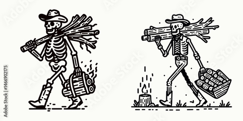 Skeleton as Cowboy Carrying firewood. Western Outline Clipart ink line art doodle vector illustration. Bony rancher toting fuel deadman hauling kindling cowhand with timber.