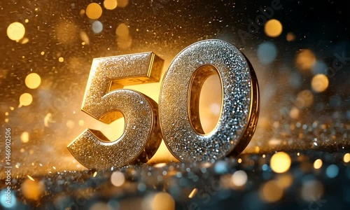 Golden number fifty in glitter with fireworks sparkles and festive lights on dark background. Concept of milestone anniversary celebration