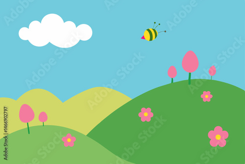 hilltop field with spring blossoms and bees 