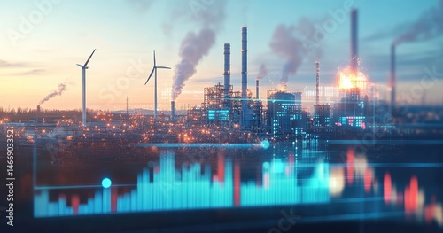 Industrial complex with overlaying financial data, showing a juxtaposition of traditional manufacturing and emerging renewable energy sources.  Environmental impact and economic indicators