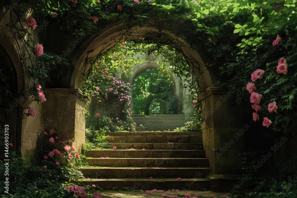 Fototapeta premium A hidden garden overgrown with clematis vines leads to a forgotten world--what secrets lie beyond the blossoms? 