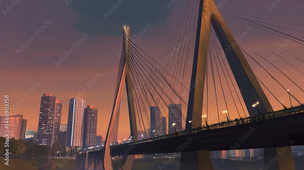 Obraz premium A towering cable-stayed city bridge, its modern design complementing the backdrop of a glowing skyline against the dusk sky. 