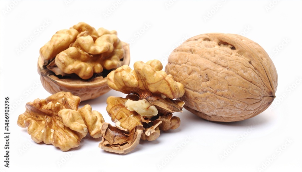 Walnuts with Shell Fragments on Isolated White Background Walnuts with Shell Fragments on Isolated White Background